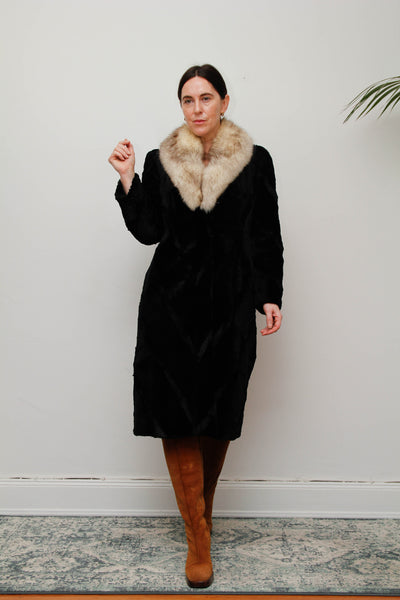 Luxurious Vintage Black Fur Coat with Silver Fox Trim