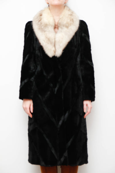 Luxurious Vintage Black Fur Coat with Silver Fox Trim