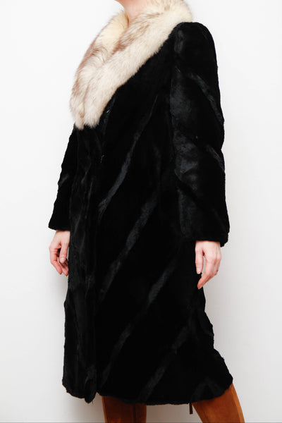 Luxurious Vintage Black Fur Coat with Silver Fox Trim