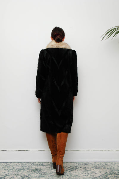 Luxurious Vintage Black Fur Coat with Silver Fox Trim