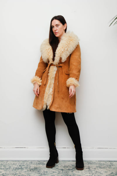 Vintage Tan Suede Sheepskin Coat with Mongolian Fur Collar