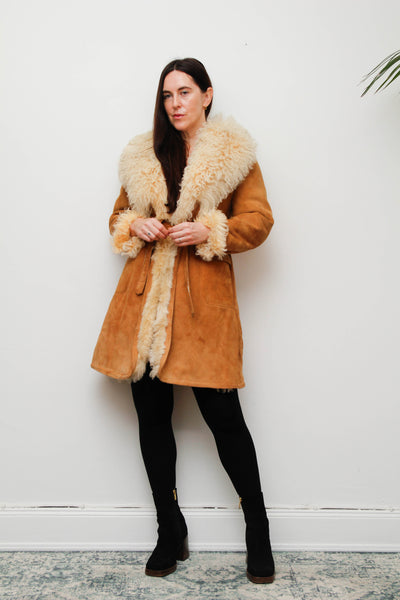 Vintage Tan Suede Sheepskin Coat with Mongolian Fur Collar
