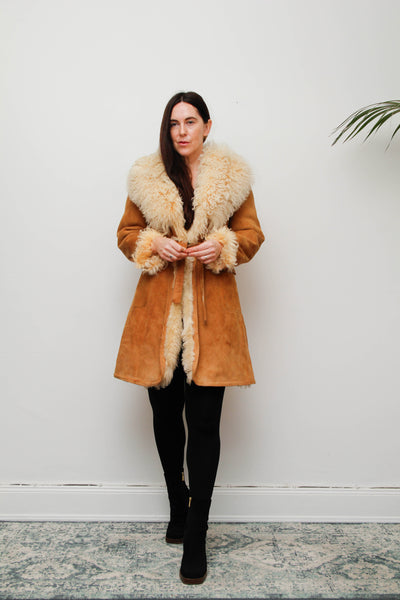 Vintage Tan Suede Sheepskin Coat with Mongolian Fur Collar