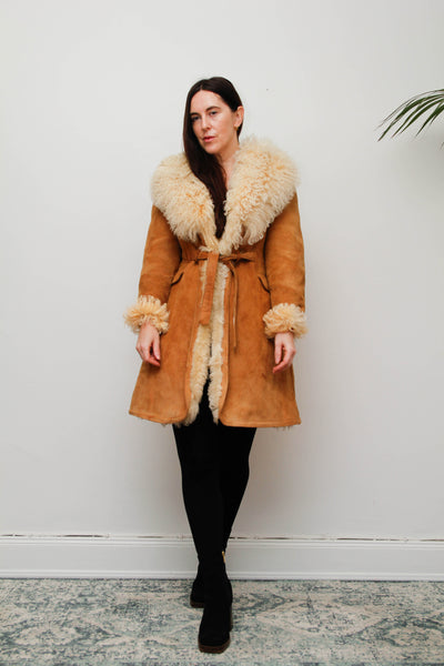 Vintage Tan Suede Sheepskin Coat with Mongolian Fur Collar
