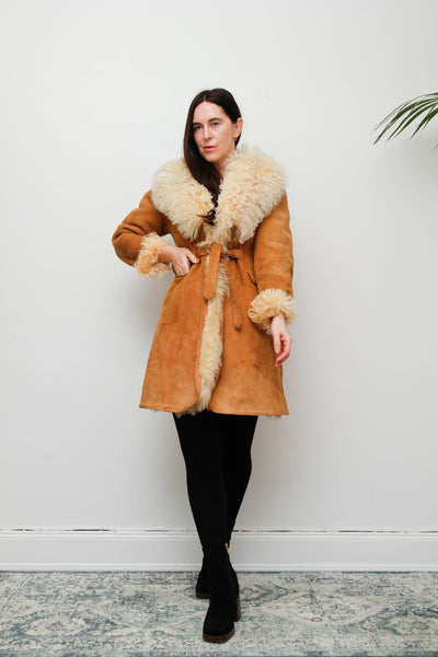Vintage Tan Suede Sheepskin Coat with Mongolian Fur Collar