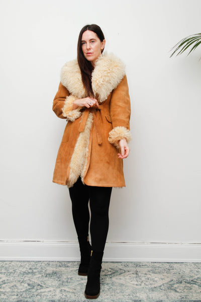 Vintage Tan Suede Sheepskin Coat with Mongolian Fur Collar