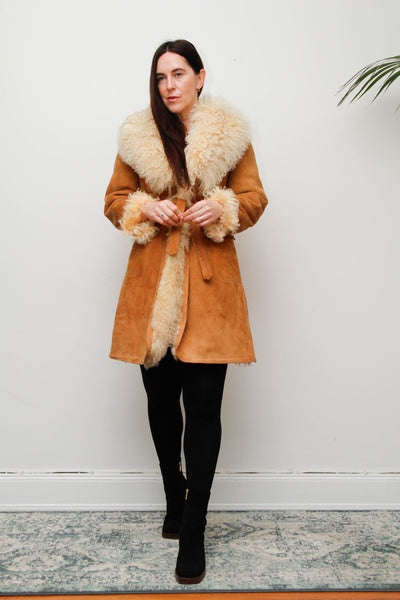 Vintage Tan Suede Sheepskin Coat with Mongolian Fur Collar