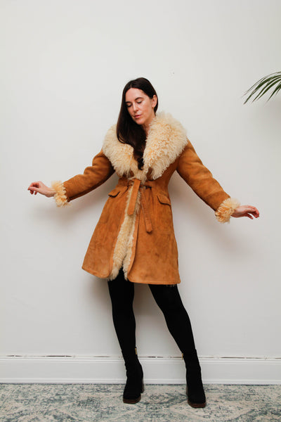 Vintage Tan Suede Sheepskin Coat with Mongolian Fur Collar