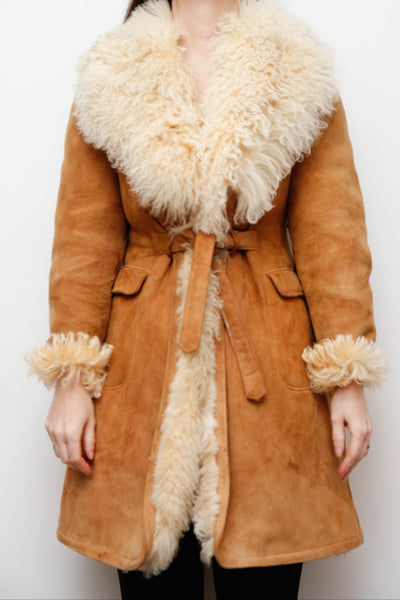 Vintage Tan Suede Sheepskin Coat with Mongolian Fur Collar