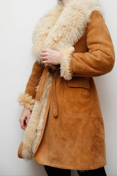 Vintage Tan Suede Sheepskin Coat with Mongolian Fur Collar