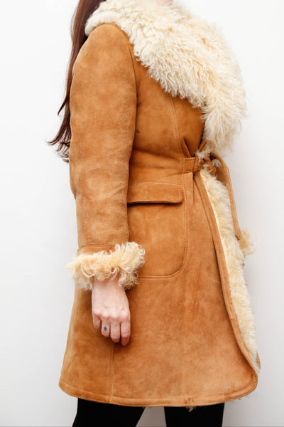 Vintage Tan Suede Sheepskin Coat with Mongolian Fur Collar