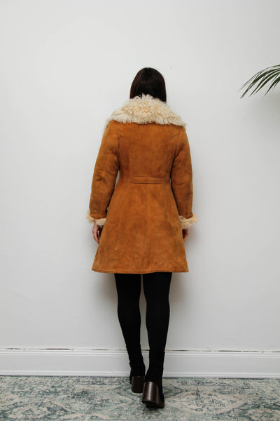 Vintage Tan Suede Sheepskin Coat with Mongolian Fur Collar