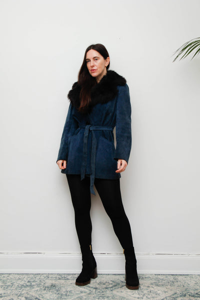 Vintage Blue Suede Sheepskin Coat with Oversized Black Fur Collar