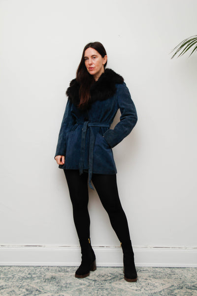 Vintage Blue Suede Sheepskin Coat with Oversized Black Fur Collar
