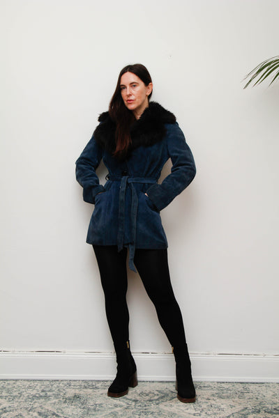 Vintage Blue Suede Sheepskin Coat with Oversized Black Fur Collar