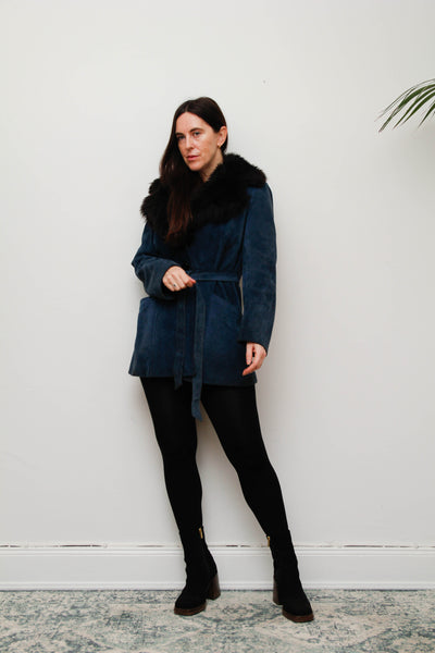 Vintage Blue Suede Sheepskin Coat with Oversized Black Fur Collar