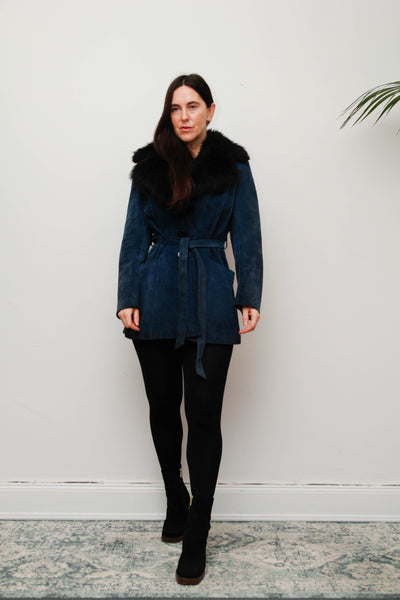 Vintage Blue Suede Sheepskin Coat with Oversized Black Fur Collar