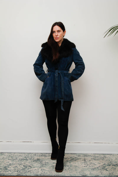 Vintage Blue Suede Sheepskin Coat with Oversized Black Fur Collar