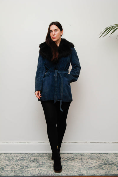 Vintage Blue Suede Sheepskin Coat with Oversized Black Fur Collar
