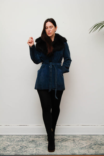 Vintage Blue Suede Sheepskin Coat with Oversized Black Fur Collar
