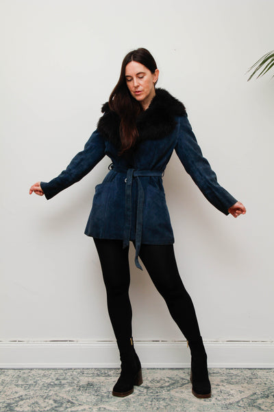 Vintage Blue Suede Sheepskin Coat with Oversized Black Fur Collar