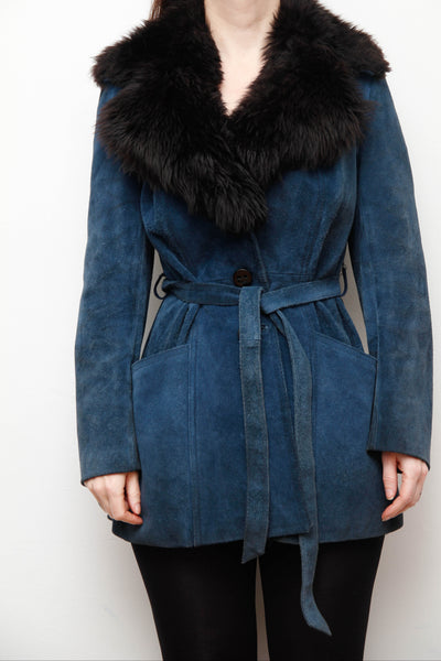 Vintage Blue Suede Sheepskin Coat with Oversized Black Fur Collar