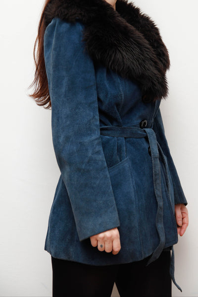 Vintage Blue Suede Sheepskin Coat with Oversized Black Fur Collar