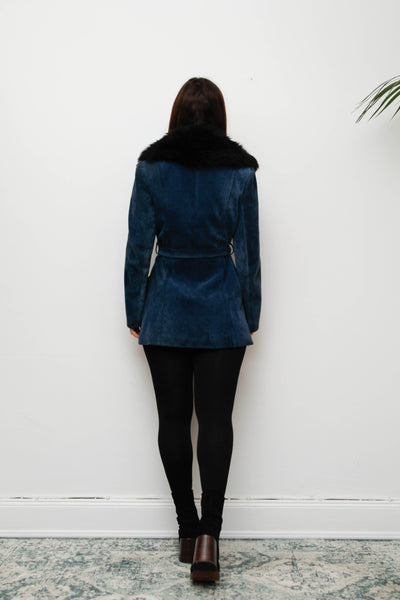 Vintage Blue Suede Sheepskin Coat with Oversized Black Fur Collar