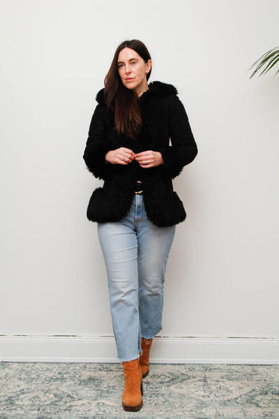 Vintage Black Suede Sheepskin Coat – Gothic Luxury Fur Trim, 100% Suede, Dramatic Statement Outerwear