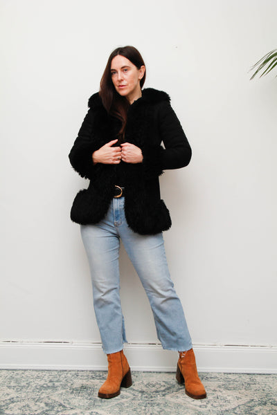 Vintage Black Suede Sheepskin Coat – Gothic Luxury Fur Trim, 100% Suede, Dramatic Statement Outerwear