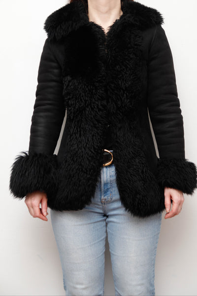 Vintage Black Suede Sheepskin Coat – Gothic Luxury Fur Trim, 100% Suede, Dramatic Statement Outerwear