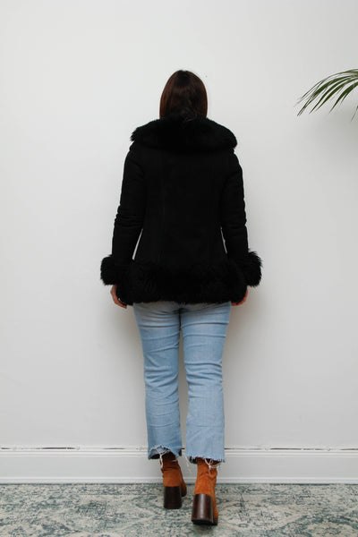 Vintage Black Suede Sheepskin Coat – Gothic Luxury Fur Trim, 100% Suede, Dramatic Statement Outerwear