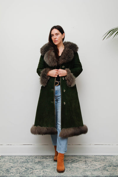 Vintage Forest Green Suede Sheepskin Coat with Grey-Brown Fur Trim
