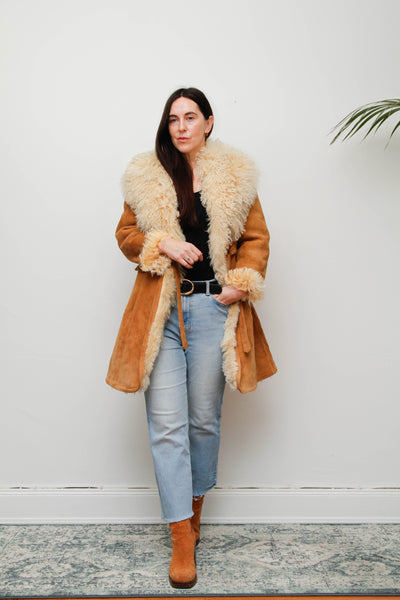 Vintage Tan Suede Sheepskin Coat with Mongolian Fur Collar