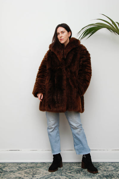 Rare 1970s Chocolate Brown Shearling Coat with Oversized Collar