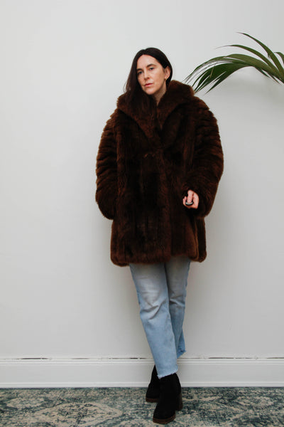 Rare 1970s Chocolate Brown Shearling Coat with Oversized Collar