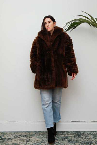 Rare 1970s Chocolate Brown Shearling Coat with Oversized Collar