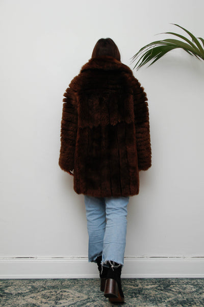 Rare 1970s Chocolate Brown Shearling Coat with Oversized Collar