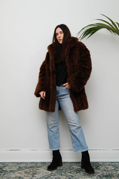 Rare 1970s Chocolate Brown Shearling Coat with Oversized Collar