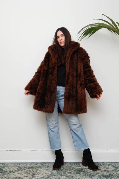 Rare 1970s Chocolate Brown Shearling Coat with Oversized Collar