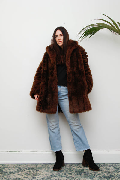 Rare 1970s Chocolate Brown Shearling Coat with Oversized Collar