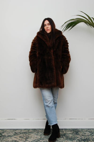 Rare 1970s Chocolate Brown Shearling Coat with Oversized Collar