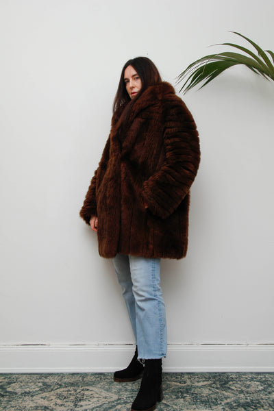 Rare 1970s Chocolate Brown Shearling Coat with Oversized Collar