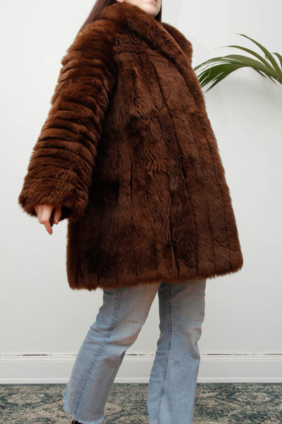 Rare 1970s Chocolate Brown Shearling Coat with Oversized Collar