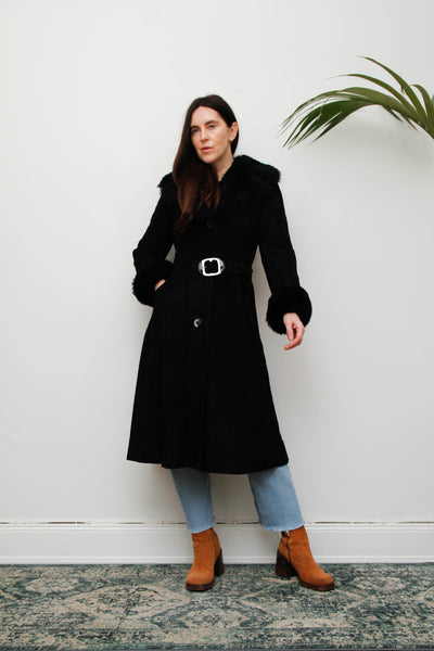 Vintage Sheepskin Suede Coat – Black Fur Collar, Belted Luxury, 100% Real Suede & Sheepskin