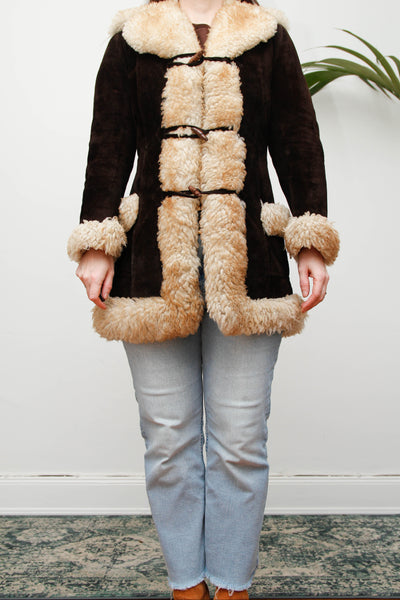 1970s Cream Sheepskin Fur Coat with Duffle Buttons