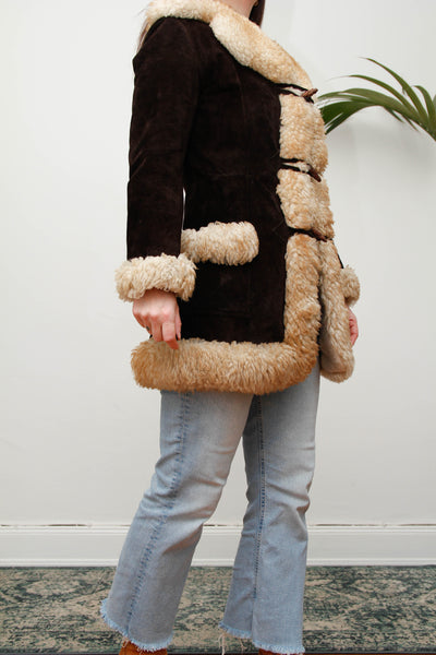 1970s Cream Sheepskin Fur Coat with Duffle Buttons