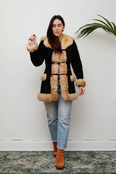 1970s Cream Sheepskin Fur Coat with Duffle Buttons