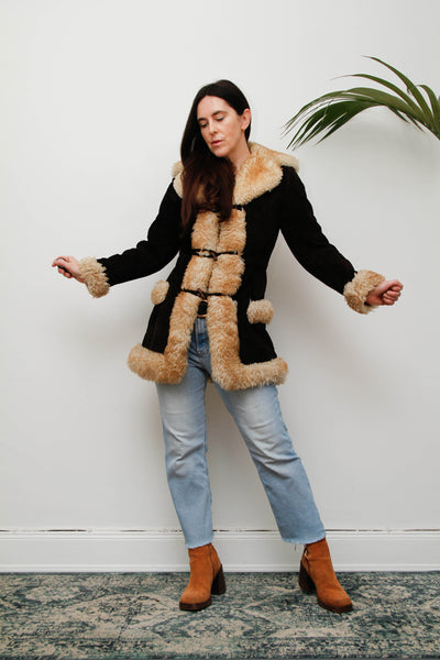 1970s Cream Sheepskin Fur Coat with Duffle Buttons