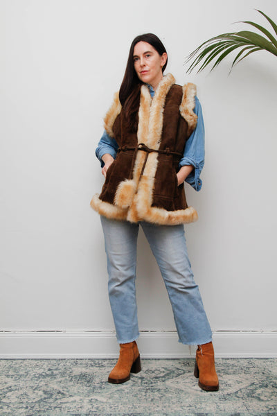 1970s Penny Lane Leather & Sheepskin Waistcoat with Tassel Belt